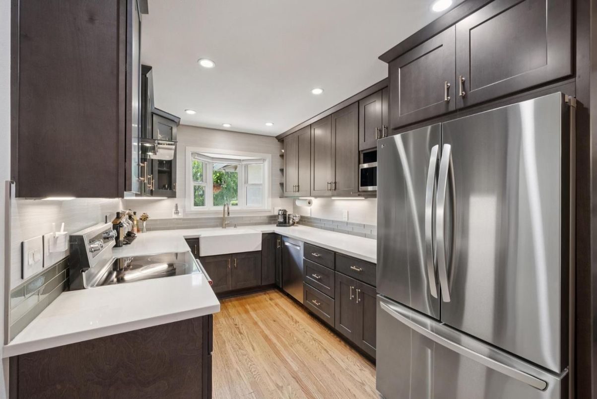 Interior, Kitchen, Recessed Lighting, Stainless Steel Appliances, Wood Texture Flooring