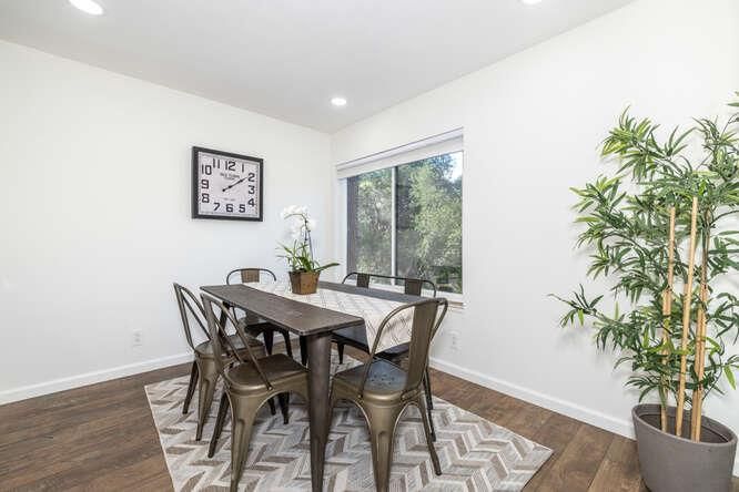 Dining room, Interior, Recessed Lighting, Wood Texture Flooring