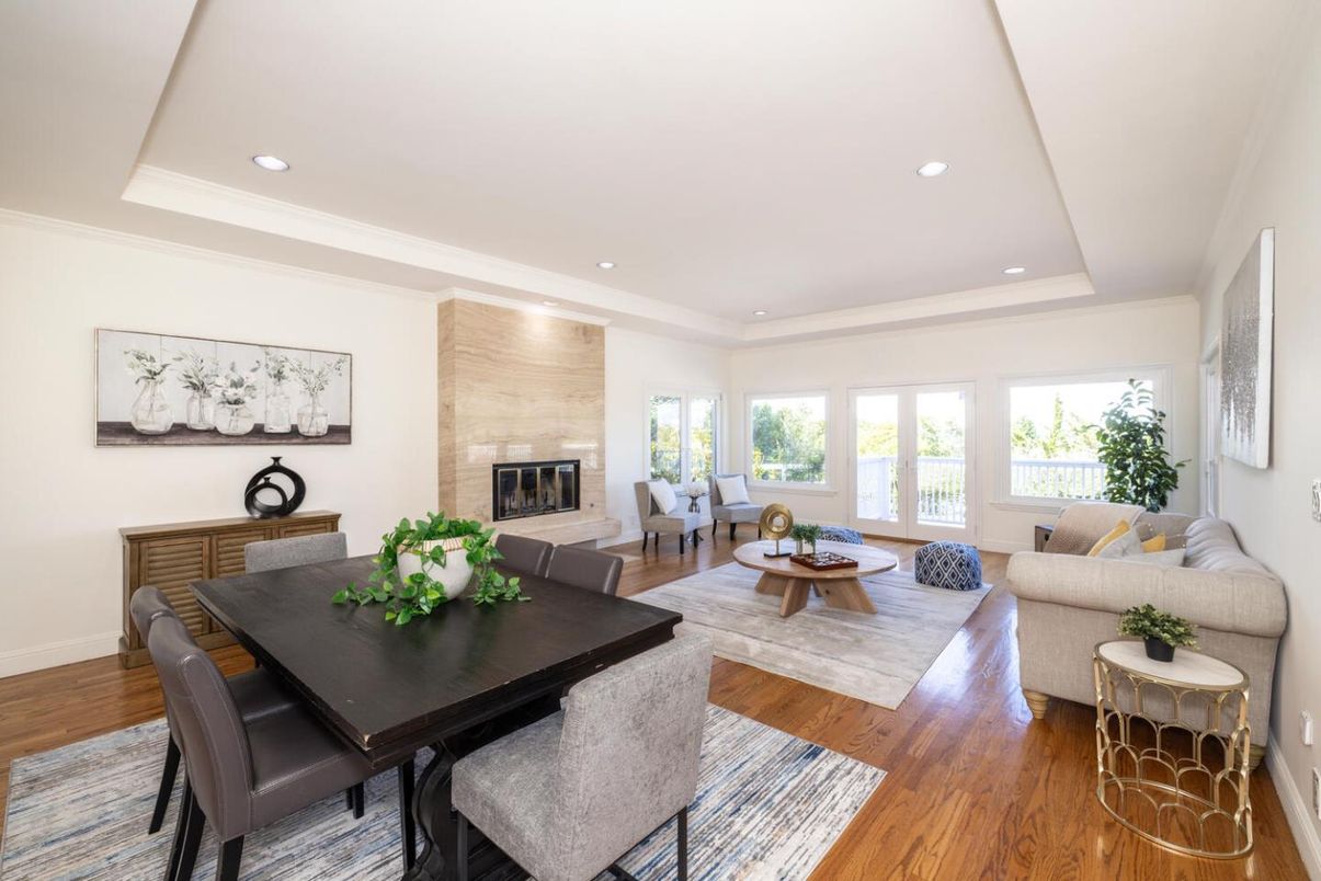 Dining room, Fireplace, Interior, Living room, Recessed Lighting, Wood Texture Flooring
