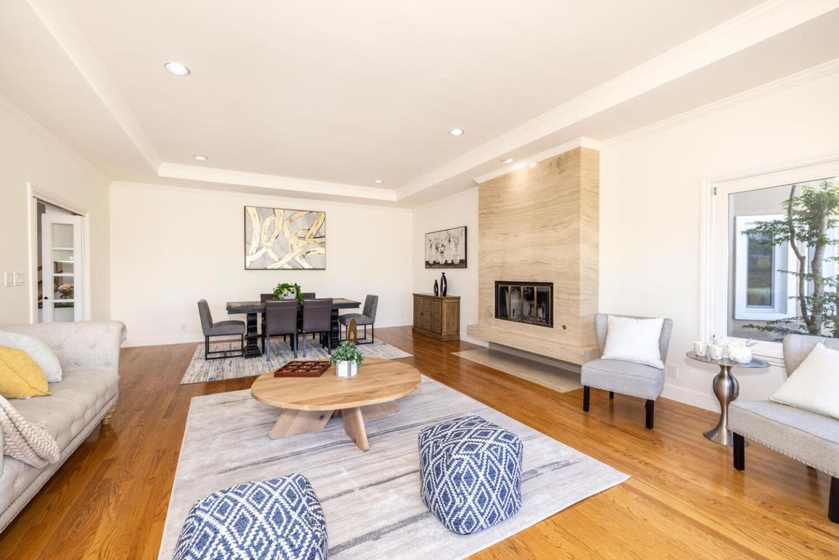 Dining room, Fireplace, Interior, Living room, Recessed Lighting, Wood Texture Flooring
