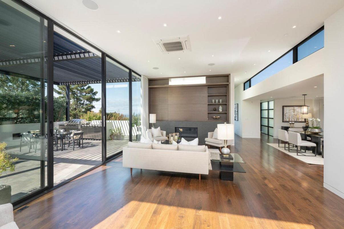 Dining room, Fireplace, Interior, Living room, Pendant Lights, Recessed Lighting, Wood Texture Flooring
