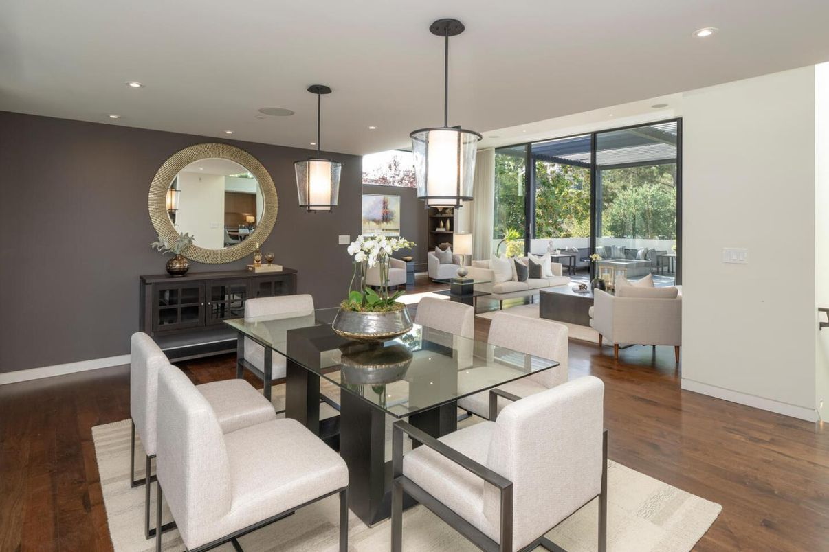 Dining room, Interior, Living room, Pendant Lights, Recessed Lighting, Wood Texture Flooring