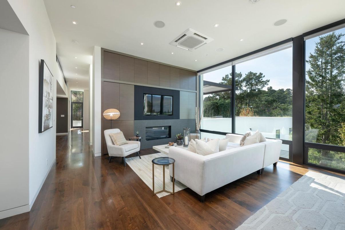 Fireplace, Interior, Living room, Recessed Lighting, Wood Texture Flooring