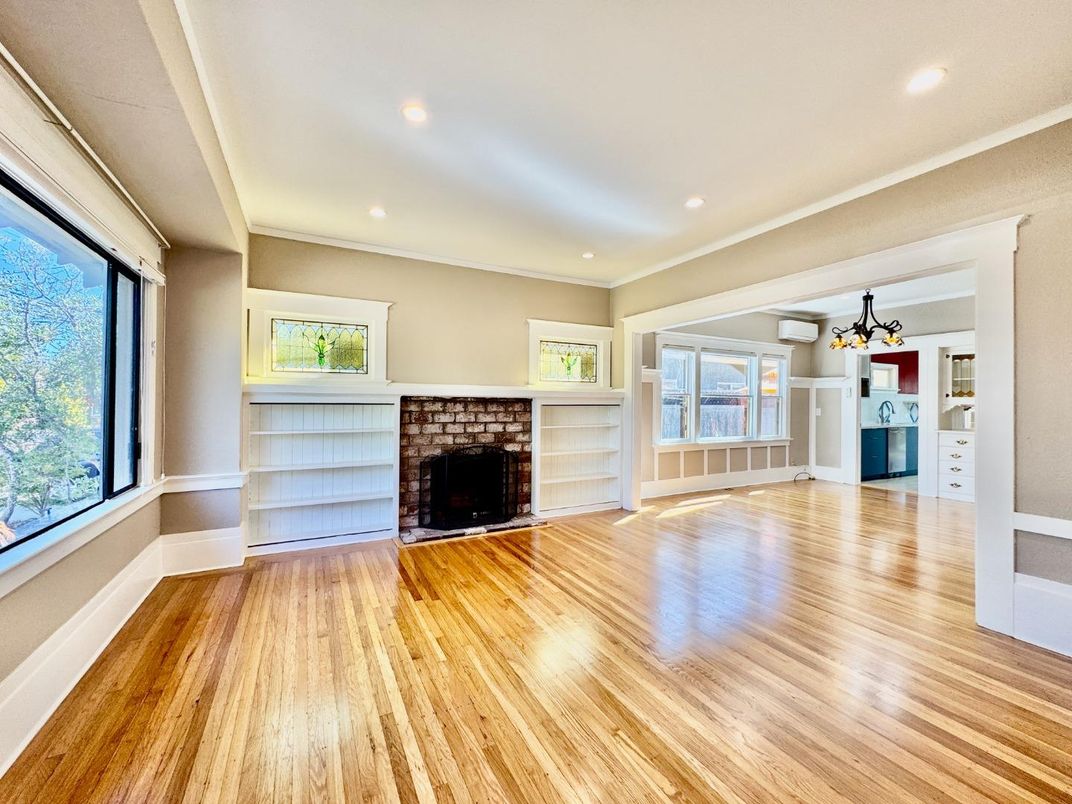 Empty room, Fireplace, Interior, Recessed Lighting, Wood Texture Flooring