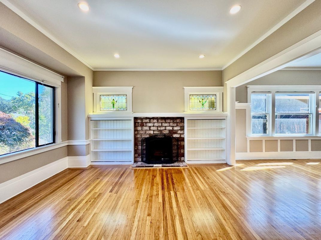 Empty room, Fireplace, Interior, Recessed Lighting, Wood Texture Flooring