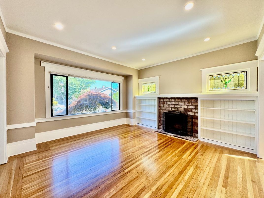 Empty room, Fireplace, Interior, Recessed Lighting, Wood Texture Flooring