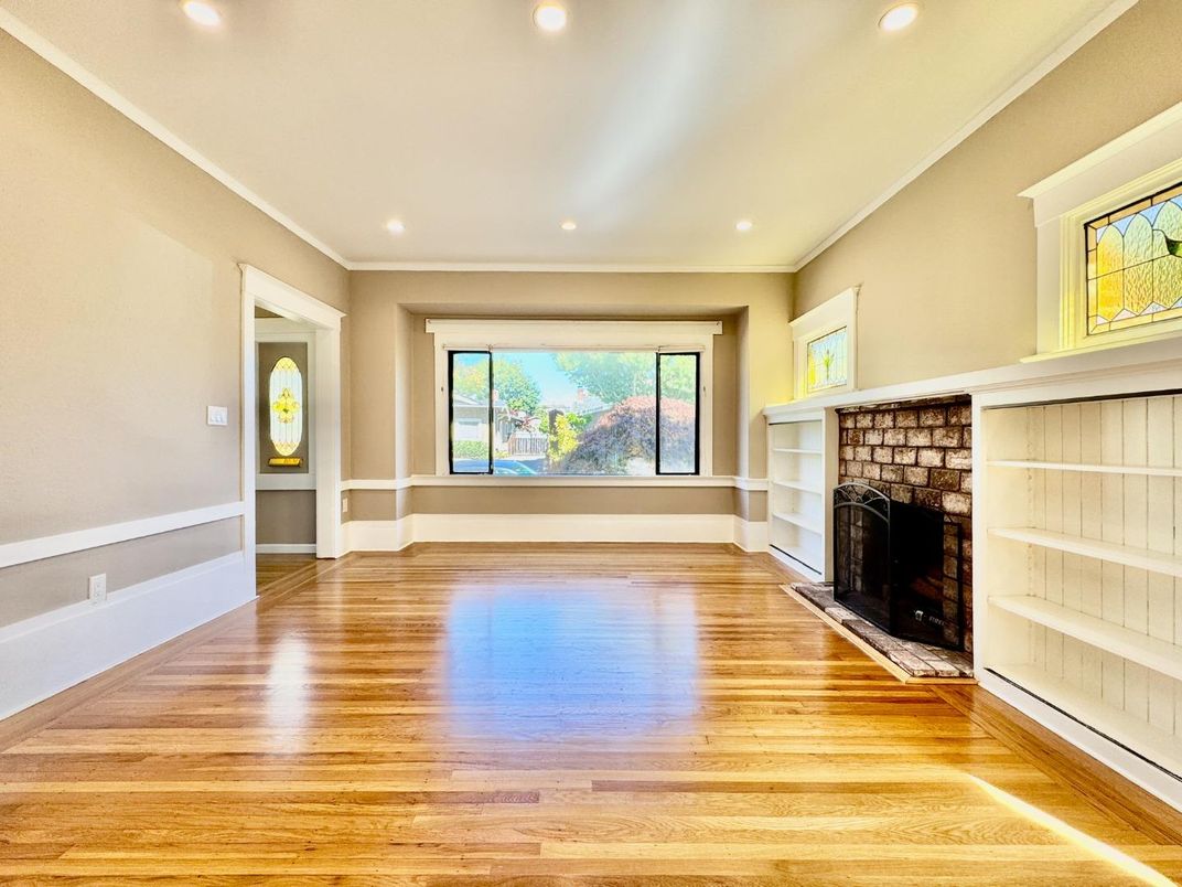 Empty room, Fireplace, Interior, Recessed Lighting, Wood Texture Flooring