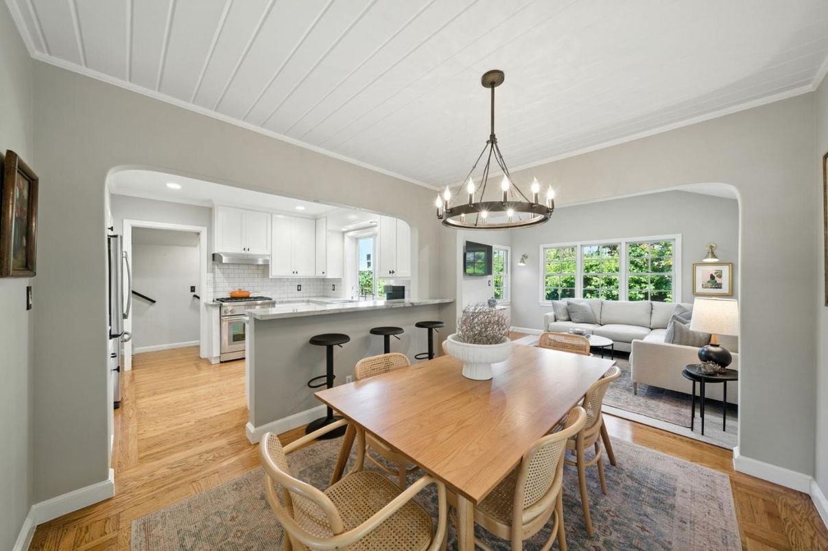 Chandelier, Dining room, Interior, Kitchen, Living room, Pendant Lights, Recessed Lighting, Wood Texture Flooring