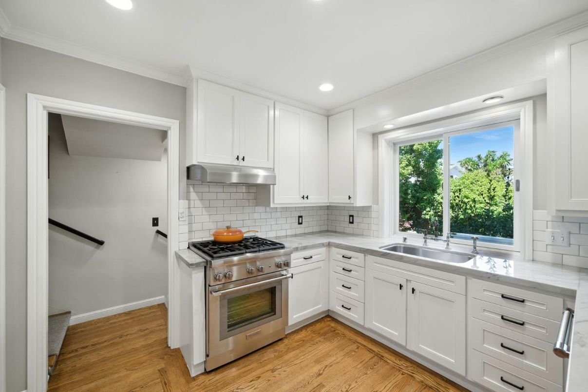 Interior, Kitchen, Recessed Lighting, Stainless Steel Appliances, Wood Texture Flooring