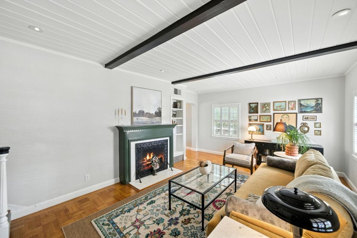 Fireplace, Interior, Living room, Recessed Lighting, Wooden Beams, Wood Texture Flooring
