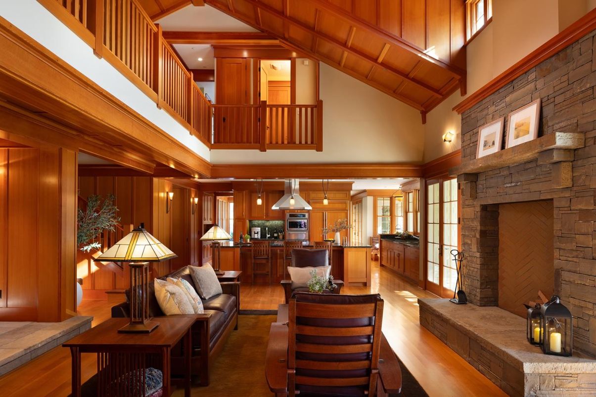 Fireplace, Interior, Kitchen, Living room, Pendant Lights, Stone Walls, Wooden Beams, Wood Texture Flooring, Wooden Walls