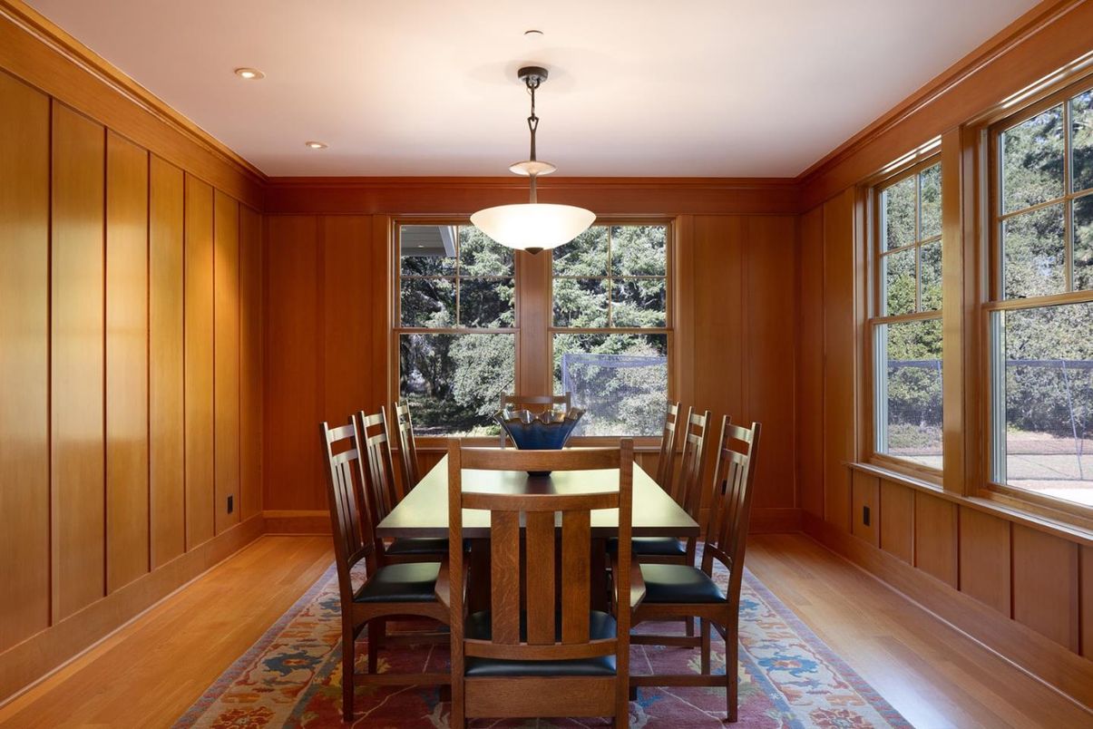 Dining room, Interior, Pendant Lights, Recessed Lighting, Wood Texture Flooring, Wooden Walls