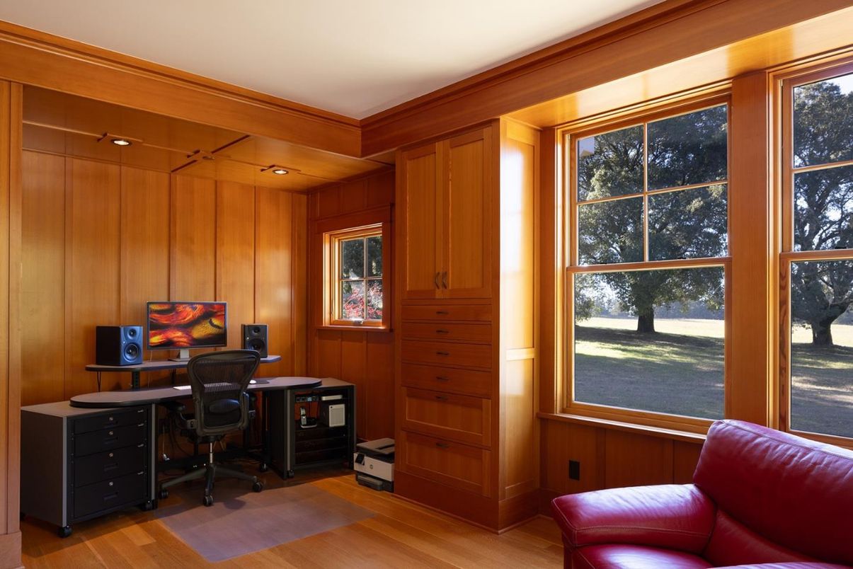 Home Office, Interior, Recessed Lighting, Wood Texture Flooring, Wooden Walls