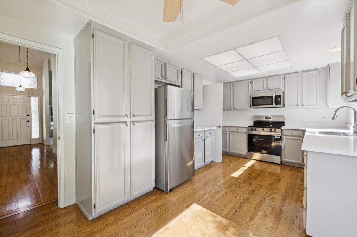 Interior, Kitchen, Pendant Lights, Stainless Steel Appliances, Wood Texture Flooring