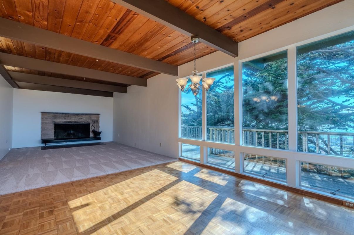 Chandelier, Empty room, Fireplace, Interior, Wooden Beams, Wooden Ceilings, Wood Texture Flooring