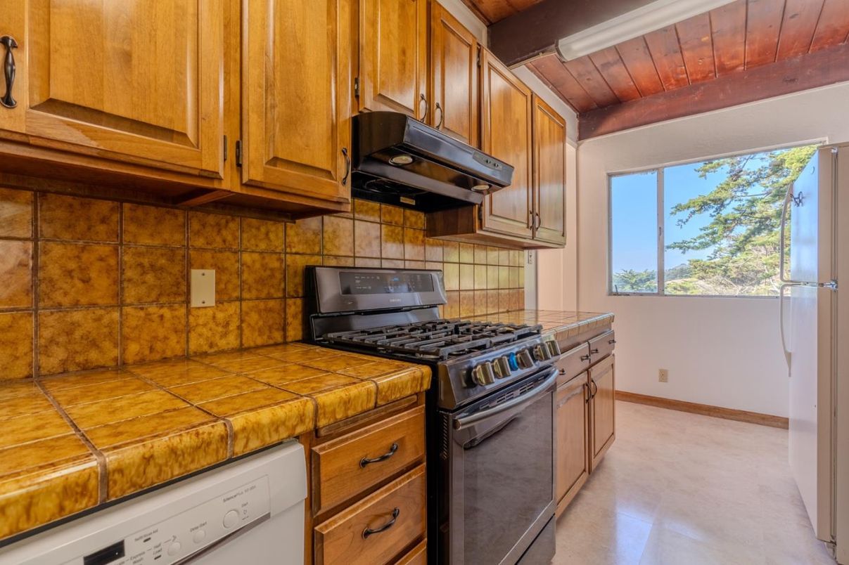 Interior, Kitchen, Tile Countertops, Wooden Ceilings