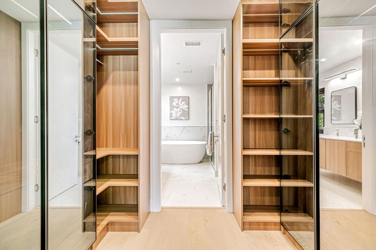 Bathroom, Free Standing Baths, Interior, Marble, Recessed Lighting, Walk-in Closets, Wood Texture Flooring