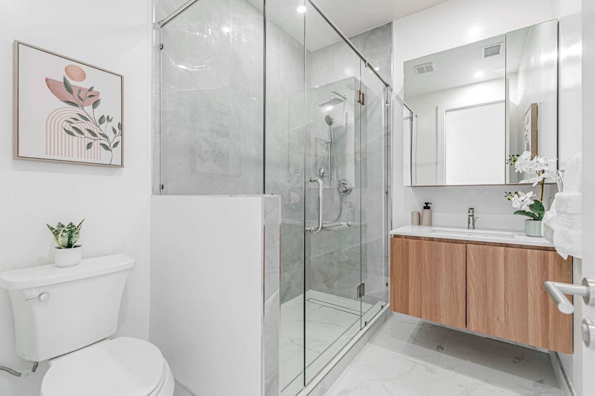 Bathroom, Glass Shower, Interior, Marble, Marble Walls, Recessed Lighting