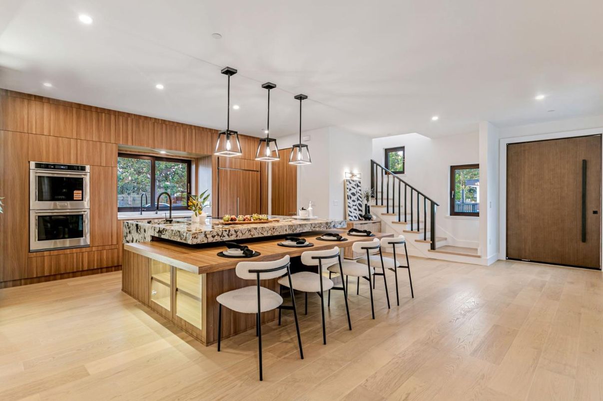 Interior, Kitchen, Pendant Lights, Recessed Lighting, Stainless Steel Appliances, Wood Texture Flooring
