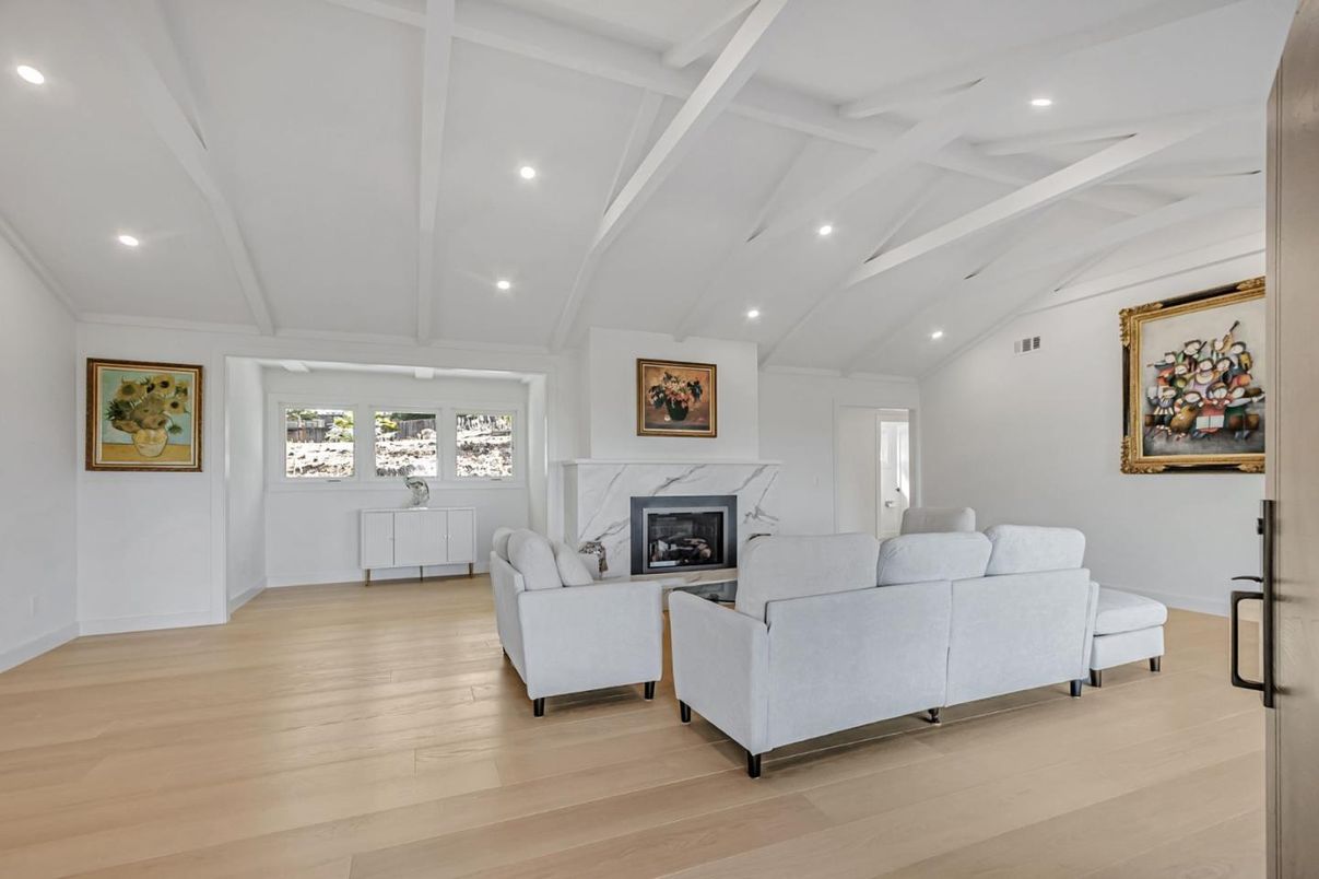 Fireplace, Interior, Living room, Recessed Lighting, Wood Texture Flooring