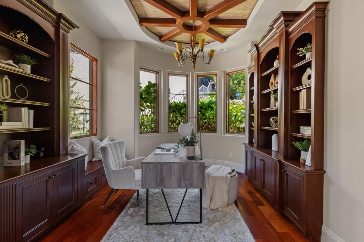 Chandelier, Home Office, Interior, Wooden Beams, Wooden Ceilings, Wood Texture Flooring