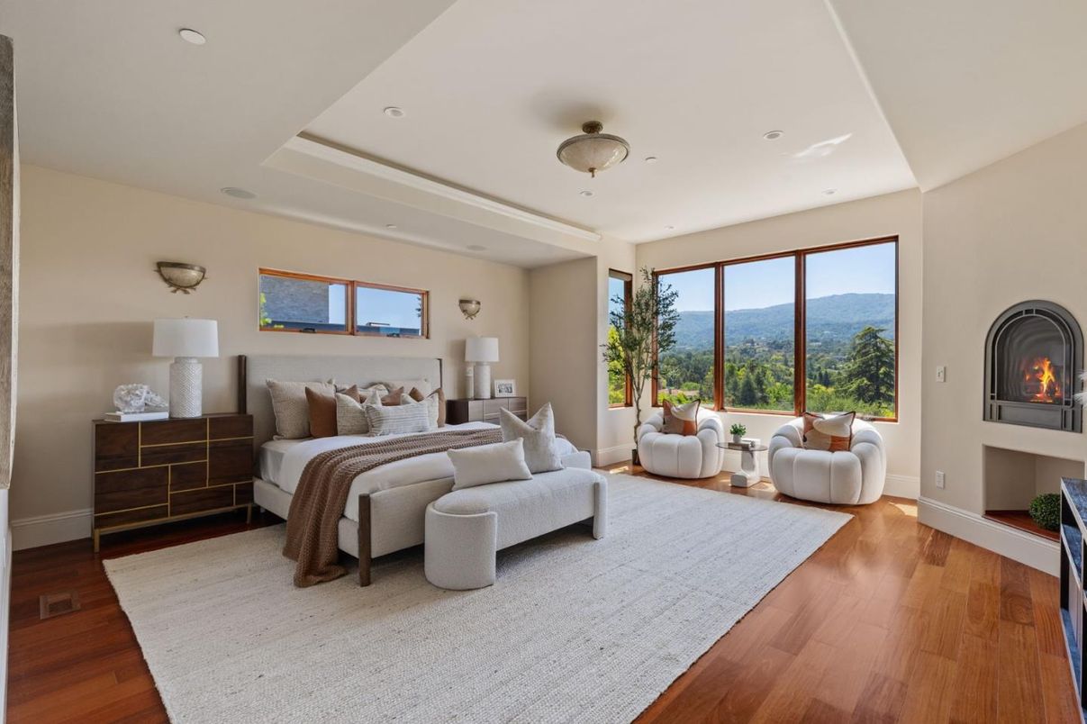 Bedroom, Fireplace, Interior, Recessed Lighting, Wood Texture Flooring