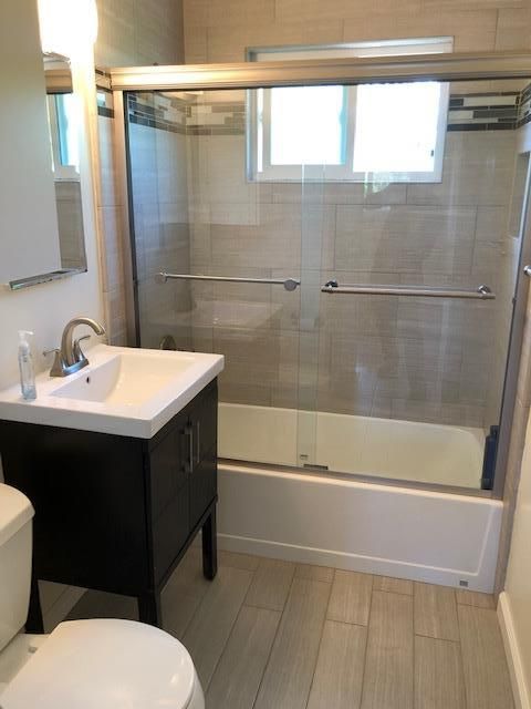 Bathroom, Glass Shower, Interior, Wood Texture Flooring