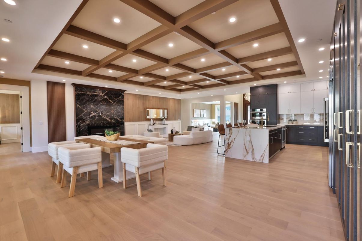 Dining room, Fireplace, Interior, Kitchen, Living room, Recessed Lighting, Wooden Beams, Wood Texture Flooring