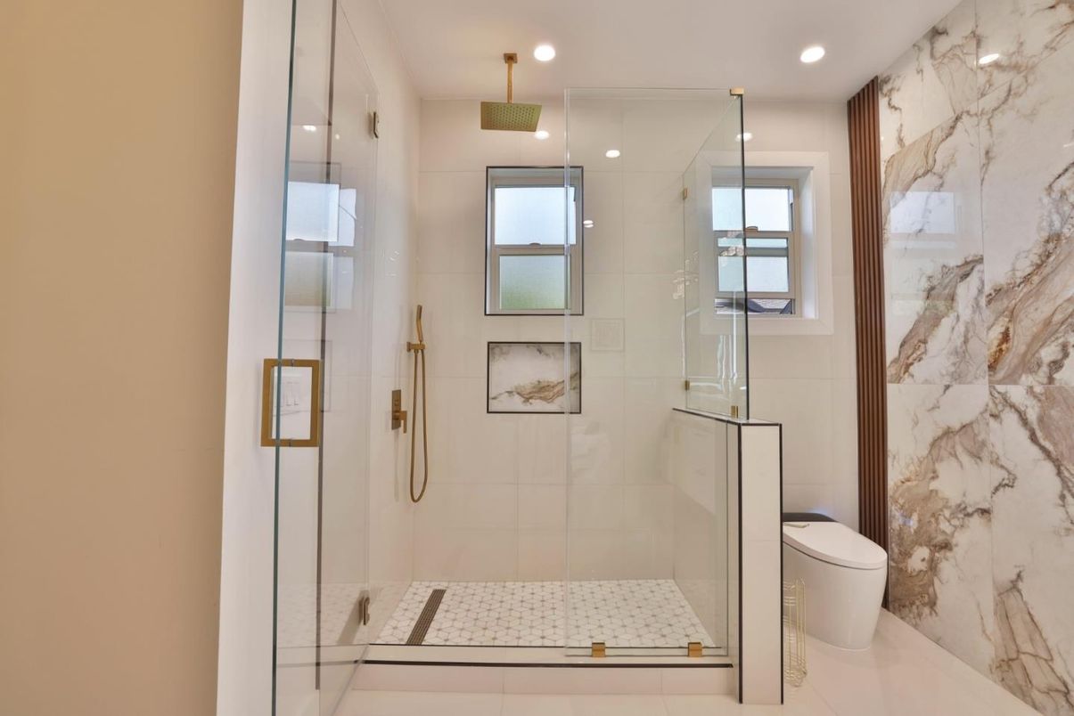 Bathroom, Glass Shower, Interior, Marble Walls, Recessed Lighting