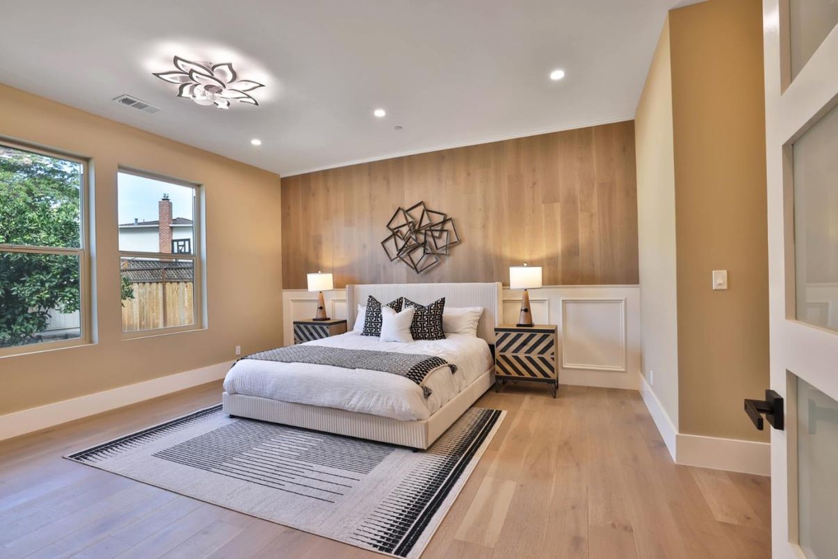 Bedroom, Interior, Recessed Lighting, Wood Texture Flooring, Wooden Walls