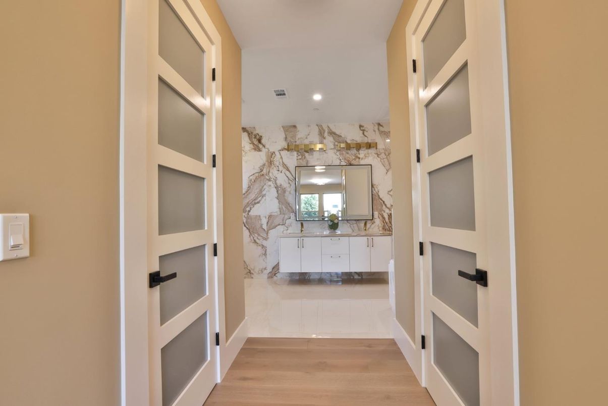 Interior, Marble Walls, Recessed Lighting, Wood Texture Flooring