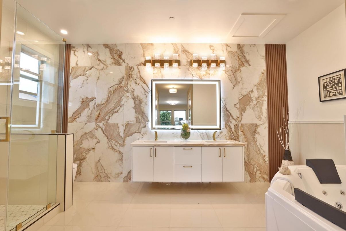 Bathroom, Dual Sink Vanities, Glass Shower, Interior, Marble Walls, Recessed Lighting