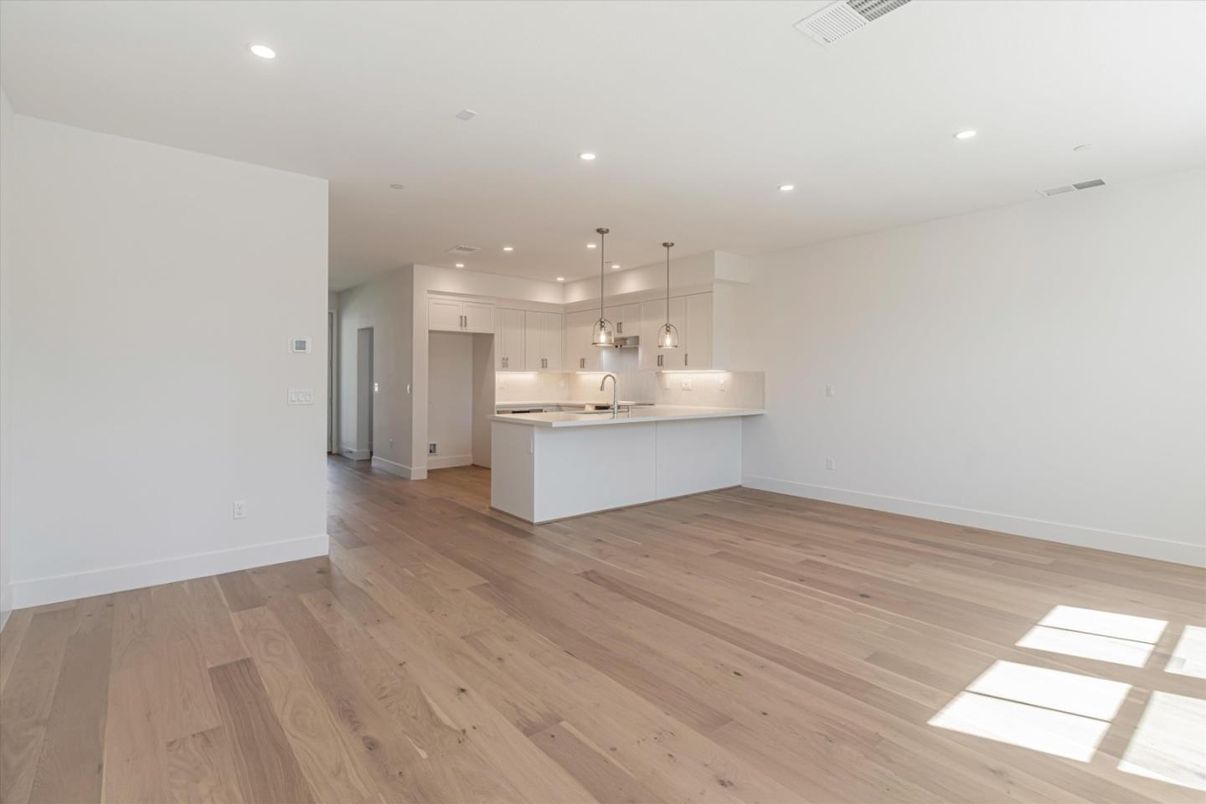 Empty room, Interior, Kitchen, Pendant Lights, Recessed Lighting, Wood Texture Flooring