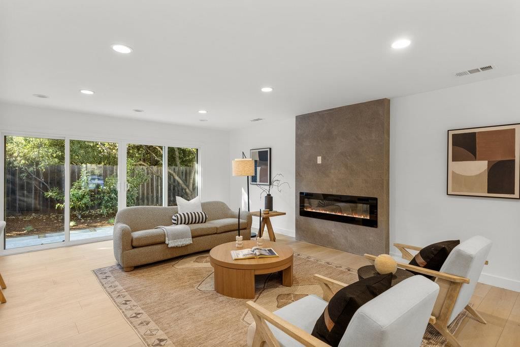 Fireplace, Interior, Living room, Recessed Lighting, Wood Texture Flooring