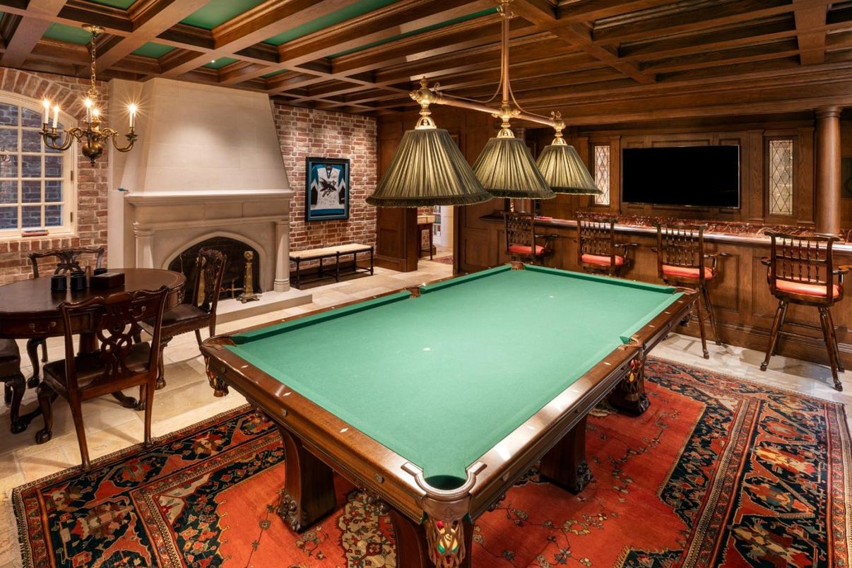 Billiard Table, Chandelier, Fireplace, Game Room, Interior, Pendant Lights, Stone Walls, Wooden Beams
