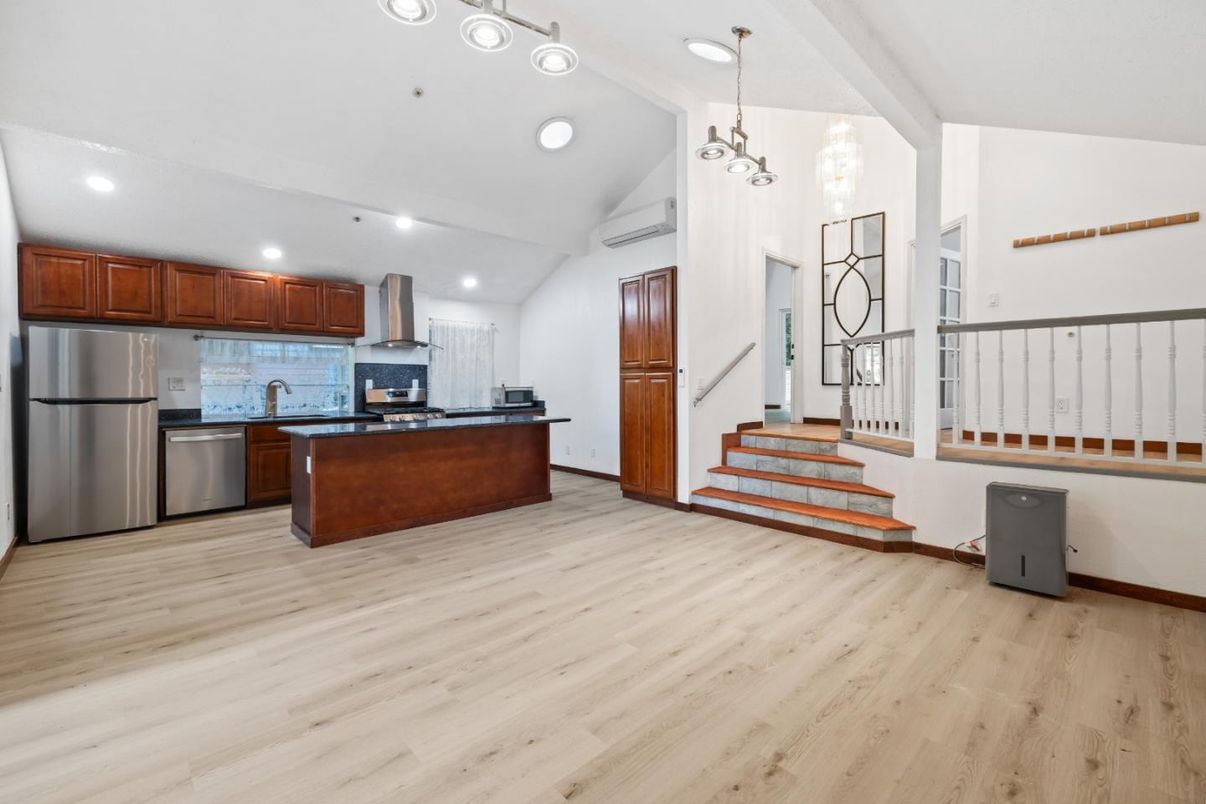 Interior, Kitchen, Pendant Lights, Recessed Lighting, Stainless Steel Appliances, Wood Texture Flooring