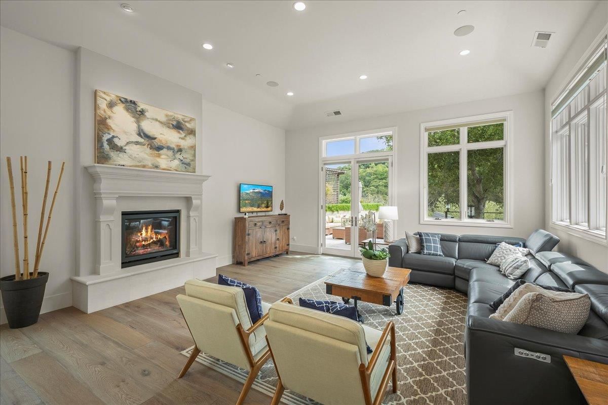 Fireplace, Interior, Living room, Recessed Lighting, Wood Texture Flooring