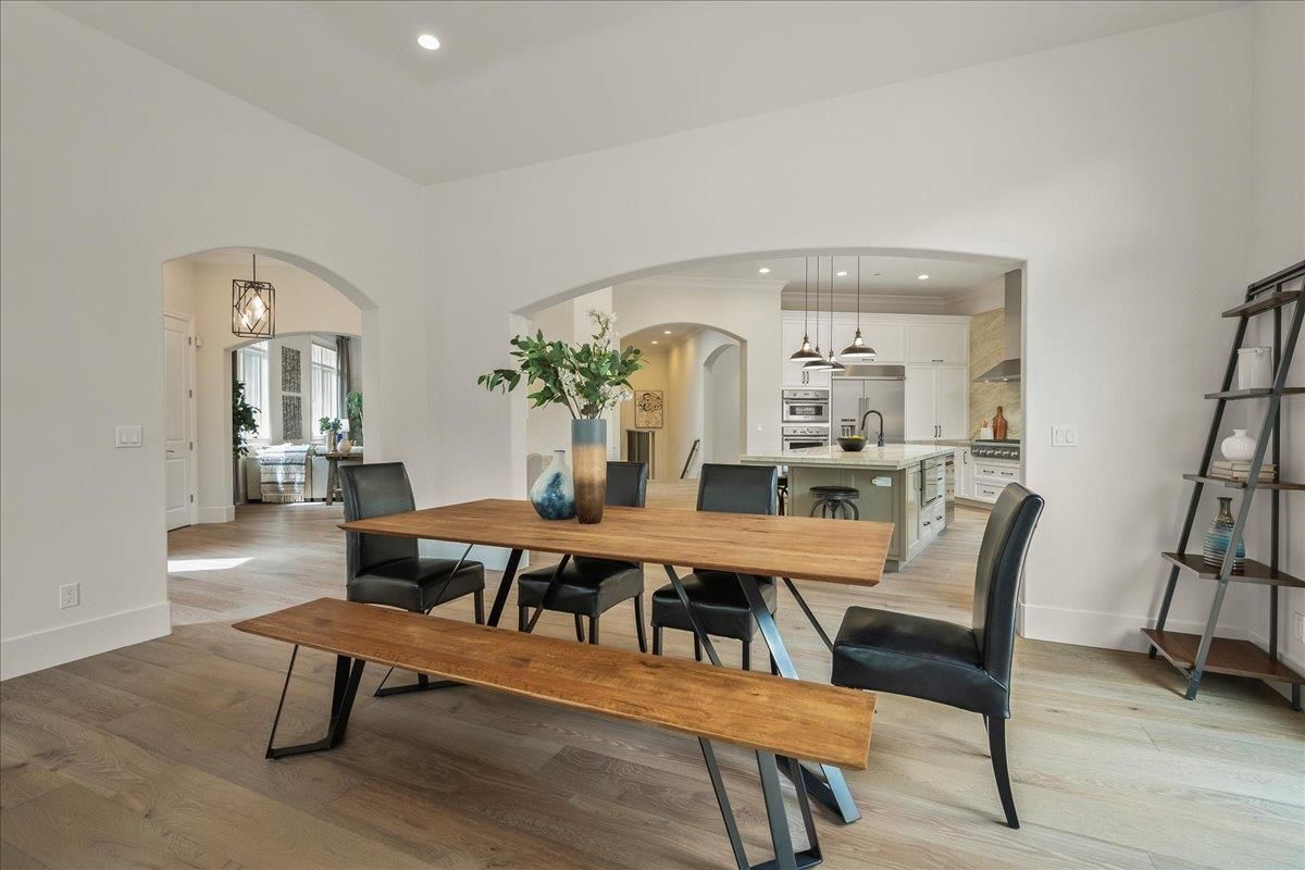 Dining room, Interior, Kitchen, Pendant Lights, Recessed Lighting, Wood Texture Flooring