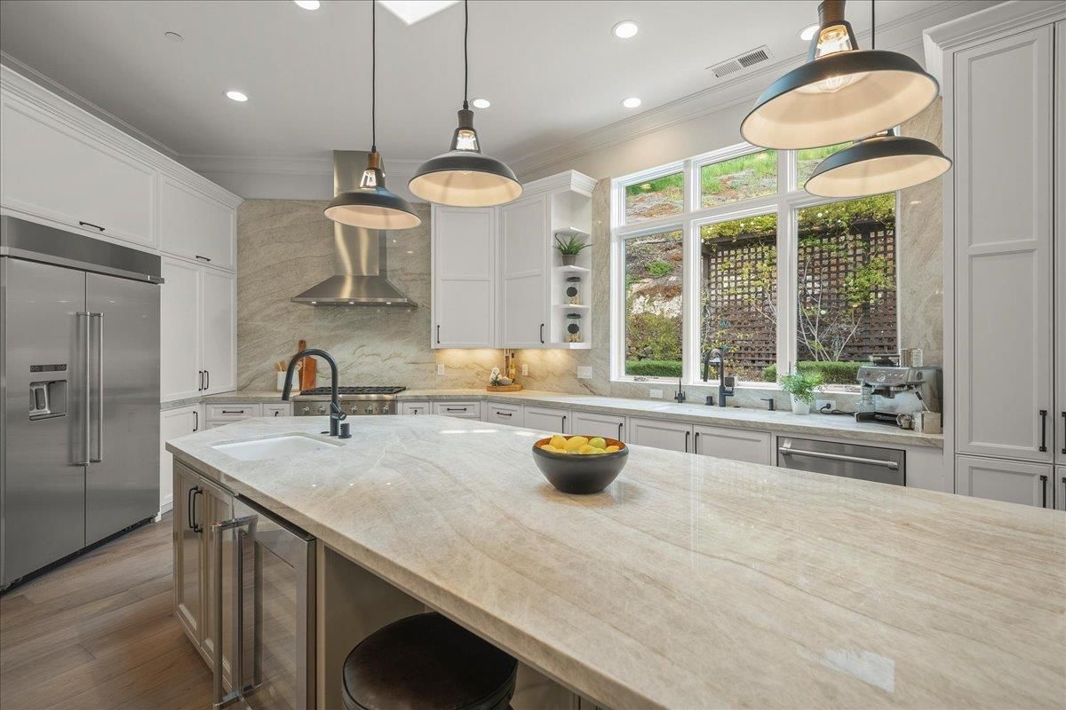 Interior, Kitchen, Pendant Lights, Recessed Lighting, Stainless Steel Appliances, Wood Texture Flooring
