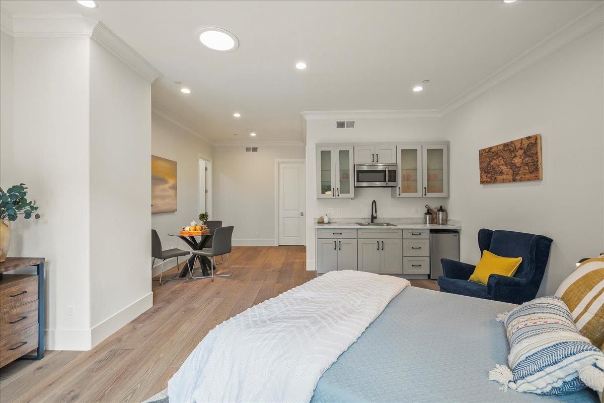 Bedroom, Interior, Recessed Lighting, Stainless Steel Appliances, Wood Texture Flooring