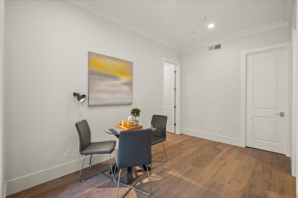Dining room, Interior, Recessed Lighting, Wood Texture Flooring