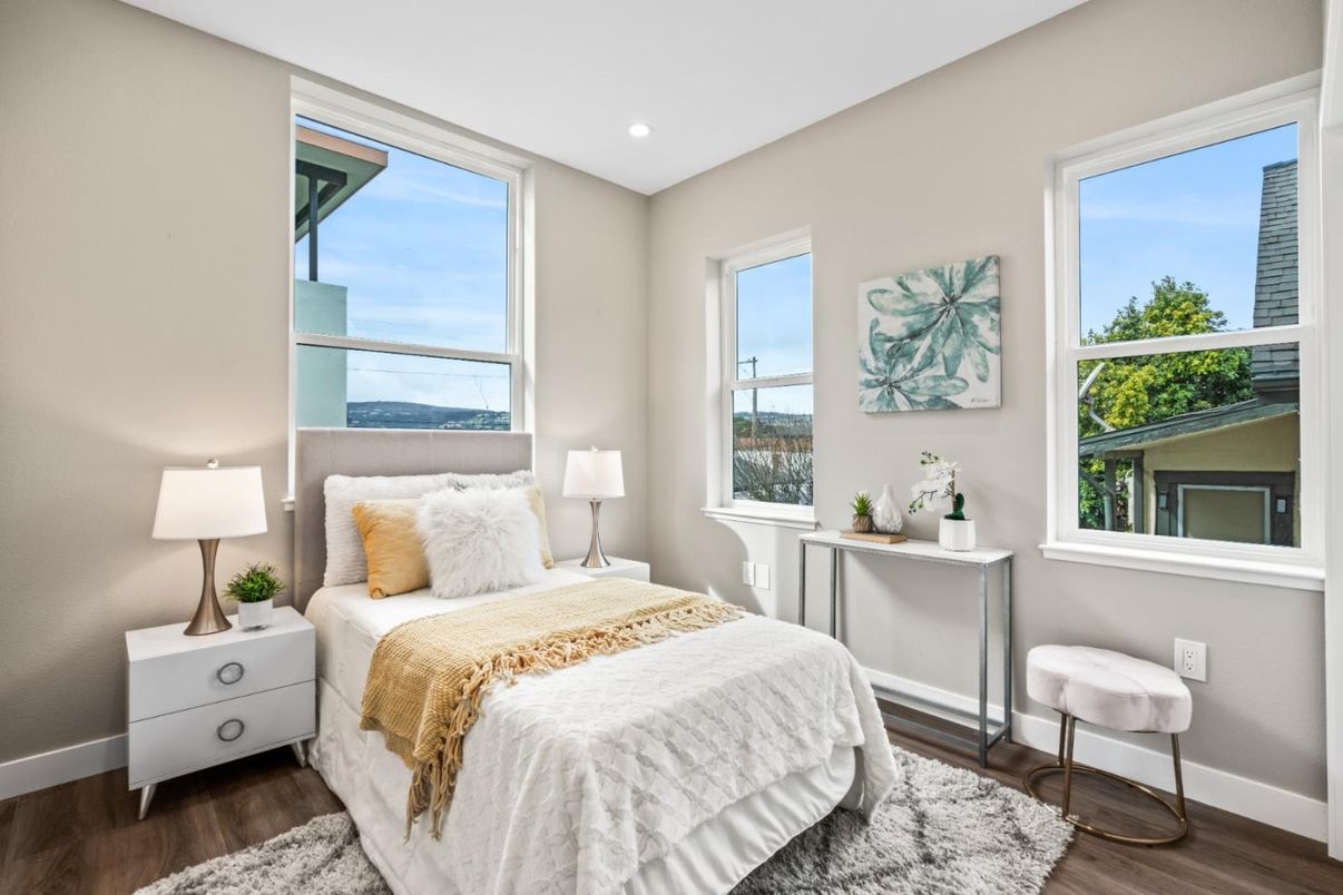 Bedroom, Interior, Recessed Lighting, Wood Texture Flooring