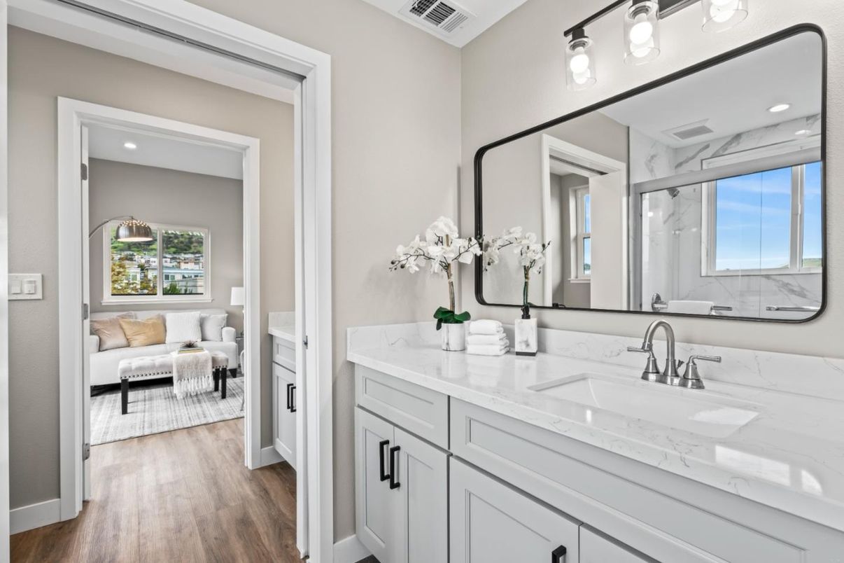 Bathroom, Bedroom, Dual Sink Vanities, Interior, Recessed Lighting, Wood Texture Flooring
