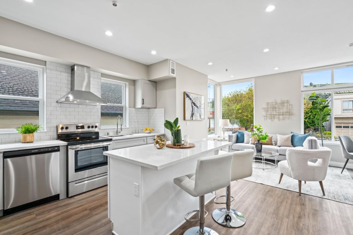 Interior, Kitchen, Living room, Recessed Lighting, Stainless Steel Appliances, Wood Texture Flooring