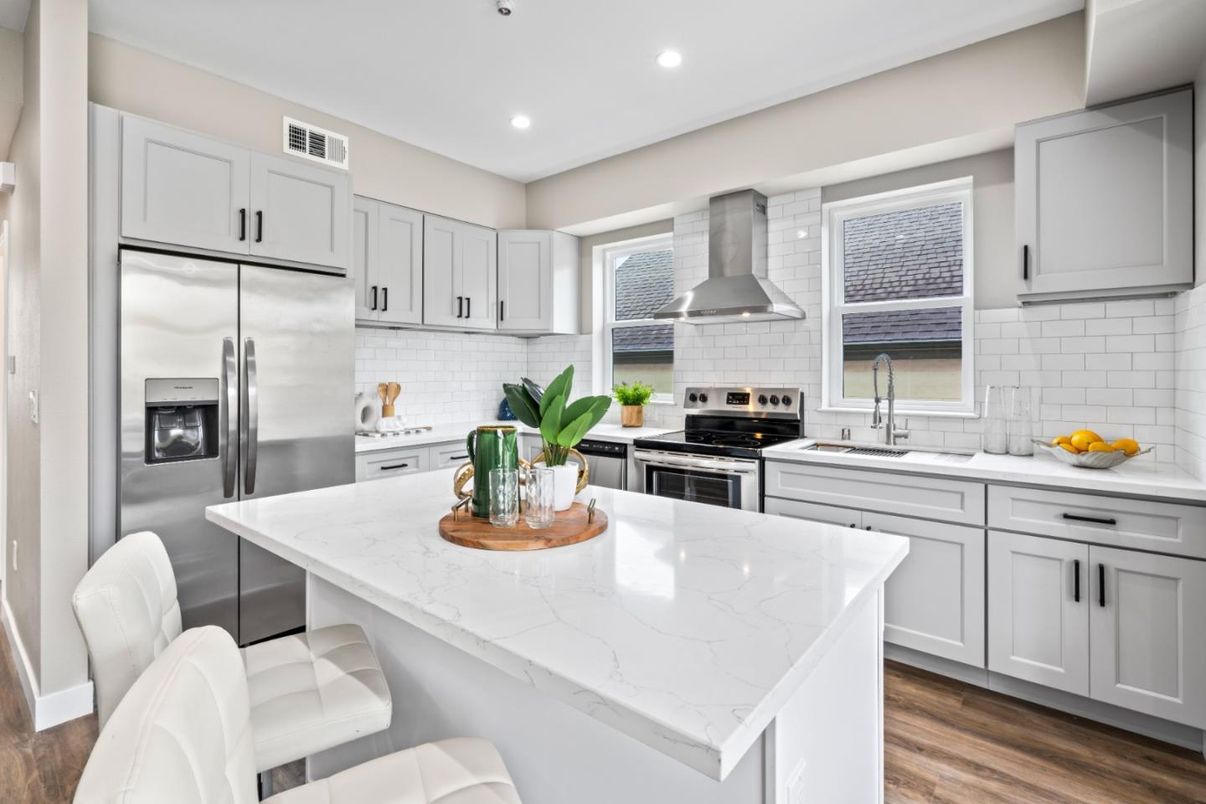 Interior, Kitchen, Recessed Lighting, Stainless Steel Appliances, Wood Texture Flooring