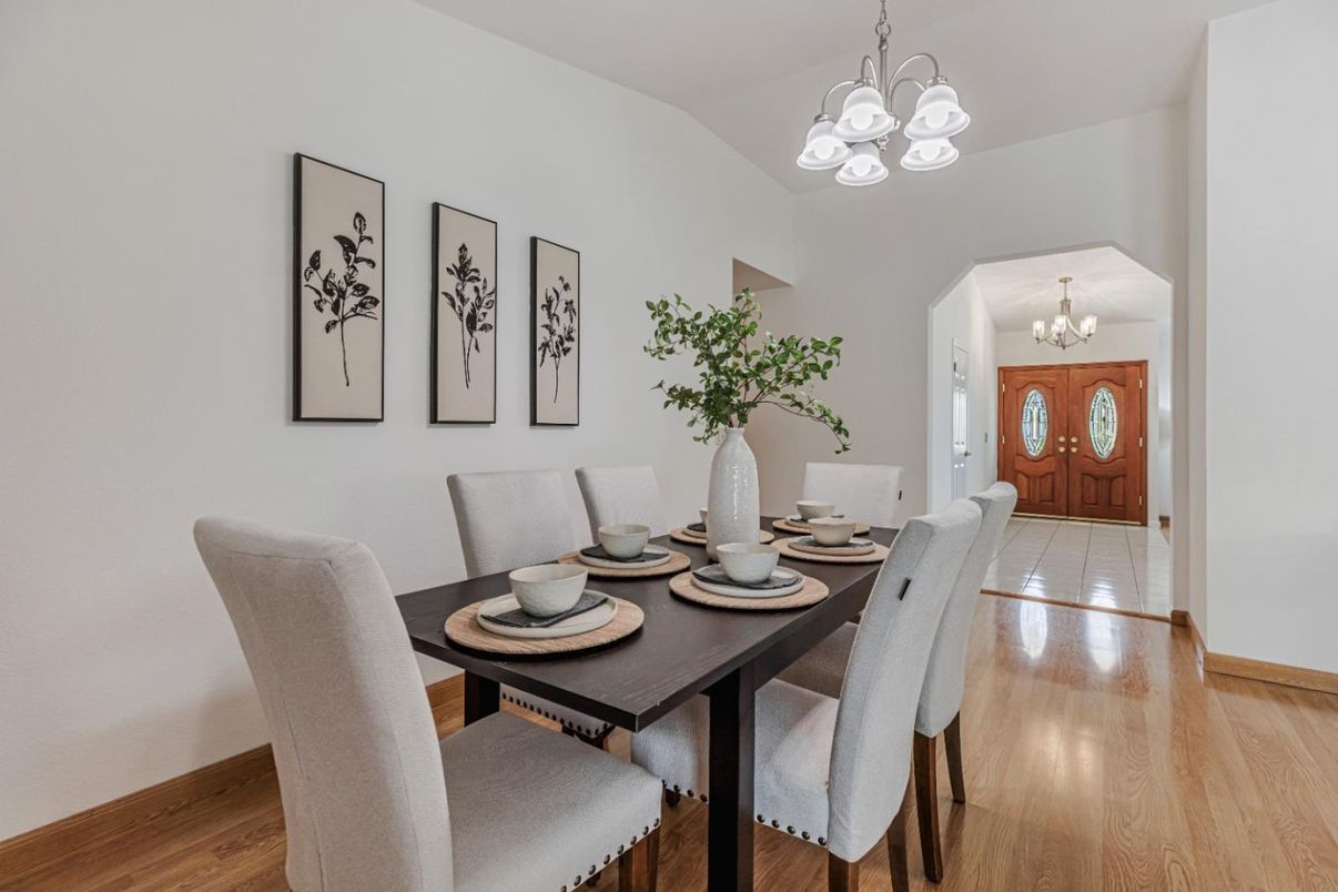 Chandelier, Dining room, Interior, Wood Texture Flooring