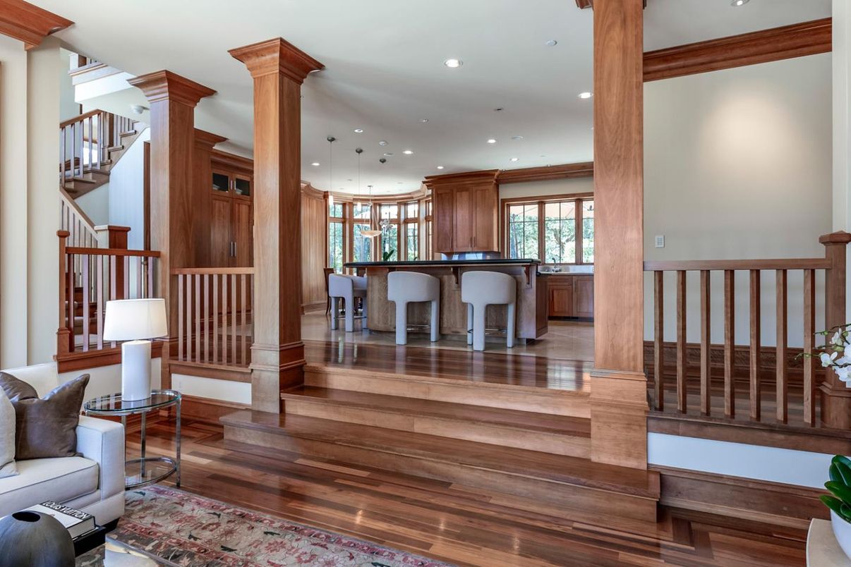 Dining room, Interior, Pendant Lights, Recessed Lighting, Wood Texture Flooring