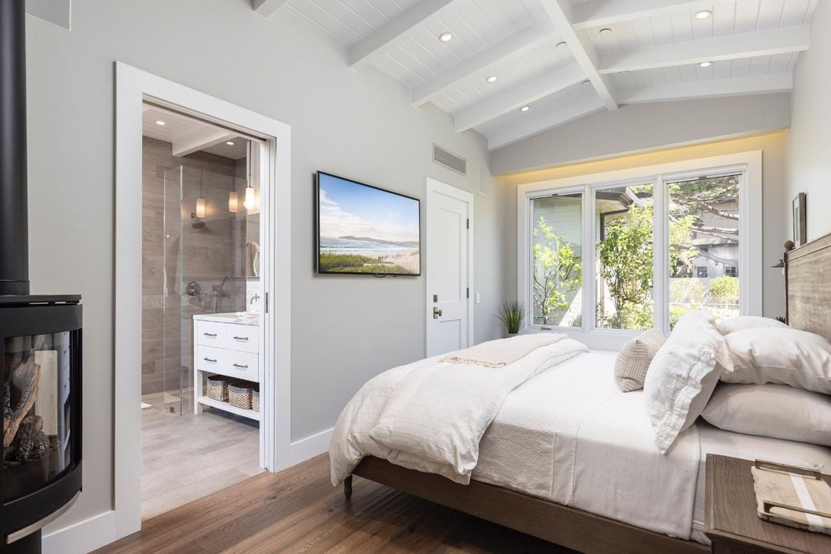 Bathroom, Bedroom, Glass Shower, Interior, Recessed Lighting, Wood Texture Flooring