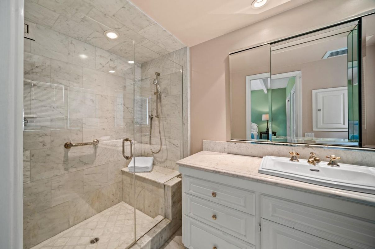 Bathroom, Glass Shower, Interior, Marble Walls, Recessed Lighting