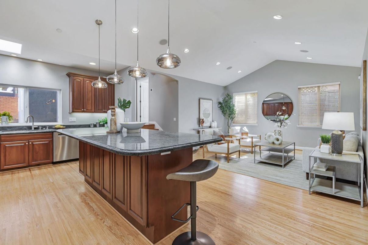 Interior, Kitchen, Living room, Pendant Lights, Recessed Lighting, Stainless Steel Appliances, Wood Texture Flooring